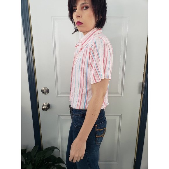 Vintage 80s Pink and Blue Striped Button Down Blouse - Picture 2 of 4